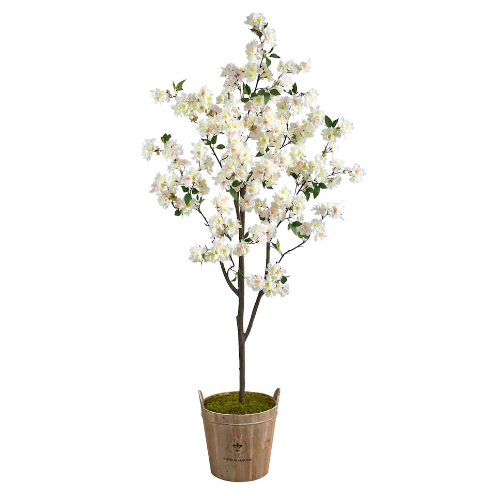6ft Cherry Blossom Artificial Tree in Farmhouse Planter with Lifelike White Blossoms and Green Leaves for Home Decor