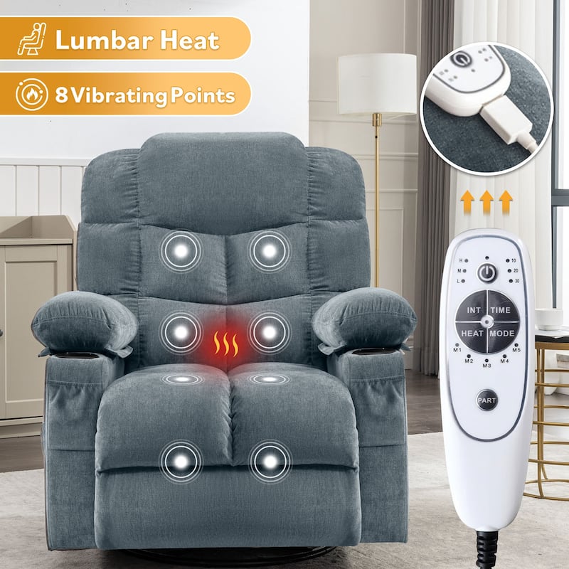 Oversized Massage Swivel Recliner Chair with Lumbar Heating for Living Room Rocker Recliner with Cup Holders and USB Charge Port