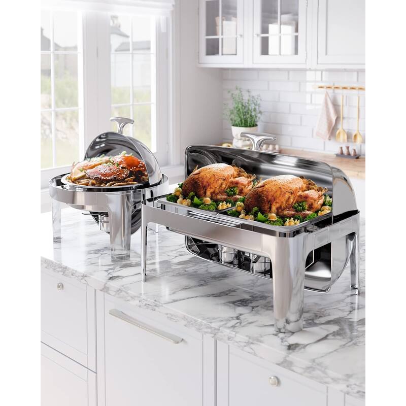 9QT [1* Full Pan & 2* Half Pan ] Classic Roll Top Lid Chafing Dishes for Buffet Bed Bath
