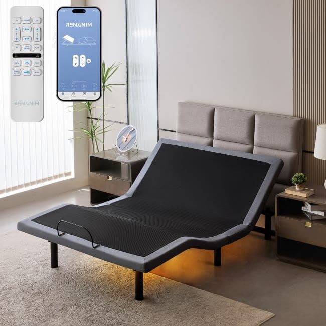 Renanim Adjustable Bed Base with Dual Massage - USB, Under Bed Light, Zero Gravity, App Control, Head and Foot Incline - Queen