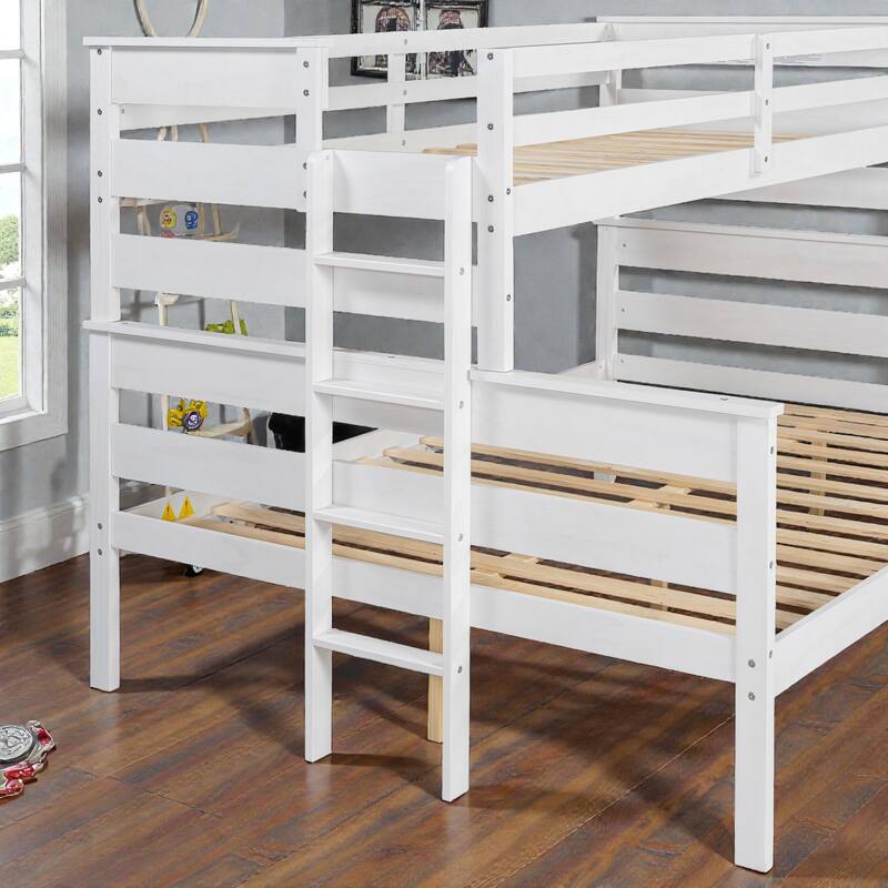 Wood Twin XL over Queen Bunk Bed with Ladder, Solid Pine Detachable Bunk Frame with Guardrails and Slat Support