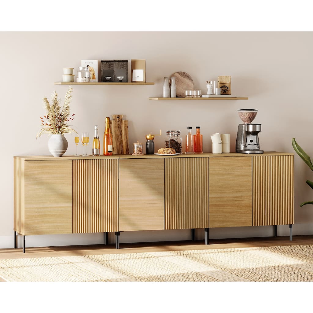 94.5" Wooden Fluted Sideboard with 6 Doors and Adjustable Shelves, 3-In-1 Modern Credenza Storage Cabinet
