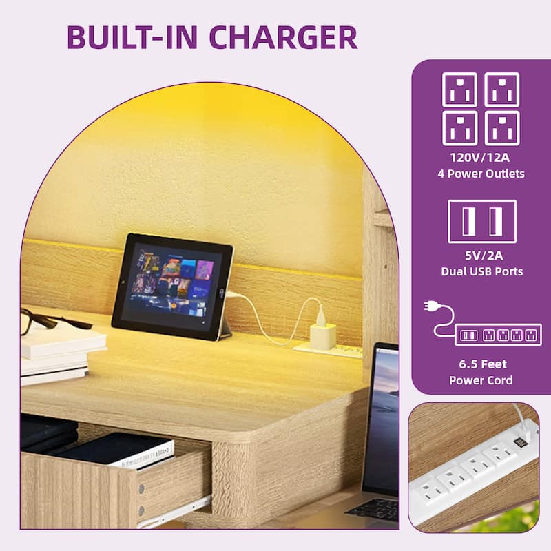 Moasis Modern L Shaped Computer Desk with Hutch and Drawers LED Office Desk w/Power Outlets