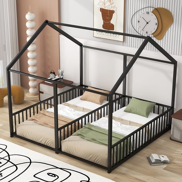 slide 2 of 37, Metal Twin Size House Platform Beds, Two Shared Beds Black