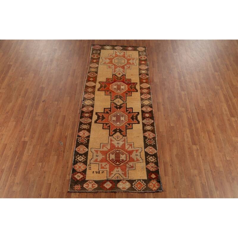 Anatolian Turkish Vintage Runner Rug Hand-Knotted Tribal Wool Carpet - 3'7"x 9'3"