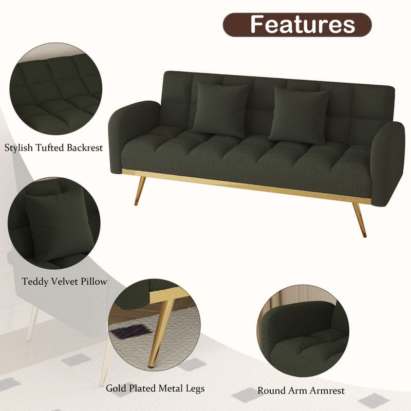 68.5-inch teddy velvet sofa bed with throw pillows
