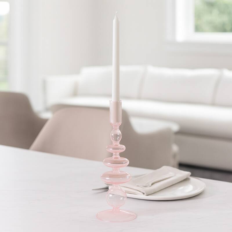 Sculptural Glass Candle Holder with Rounded Accent Base - Modern Tabletop Candle Holder for Any Room - 4" x 4" x 11" - Pink