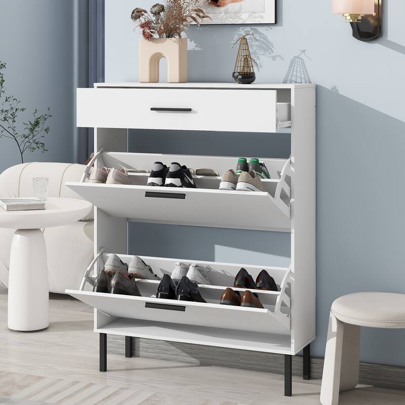 Shoe Cabinet with 2 Flip Drawers, Slim Hidden Shoe Storage Cabinet, Shoe Rack Storage Organizer with Drawers & Metal Legs
