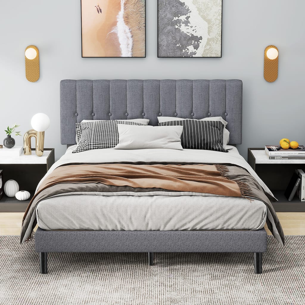 Full Size Platform Bed Frame with Fabric Upholstered Headboard and Wooden Slats Support, No Box Spring Needed/Easy Assembly
