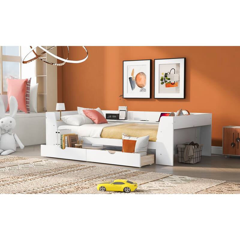 Twin Size Daybed with Shelves, Drawers and Built-In Charging Station