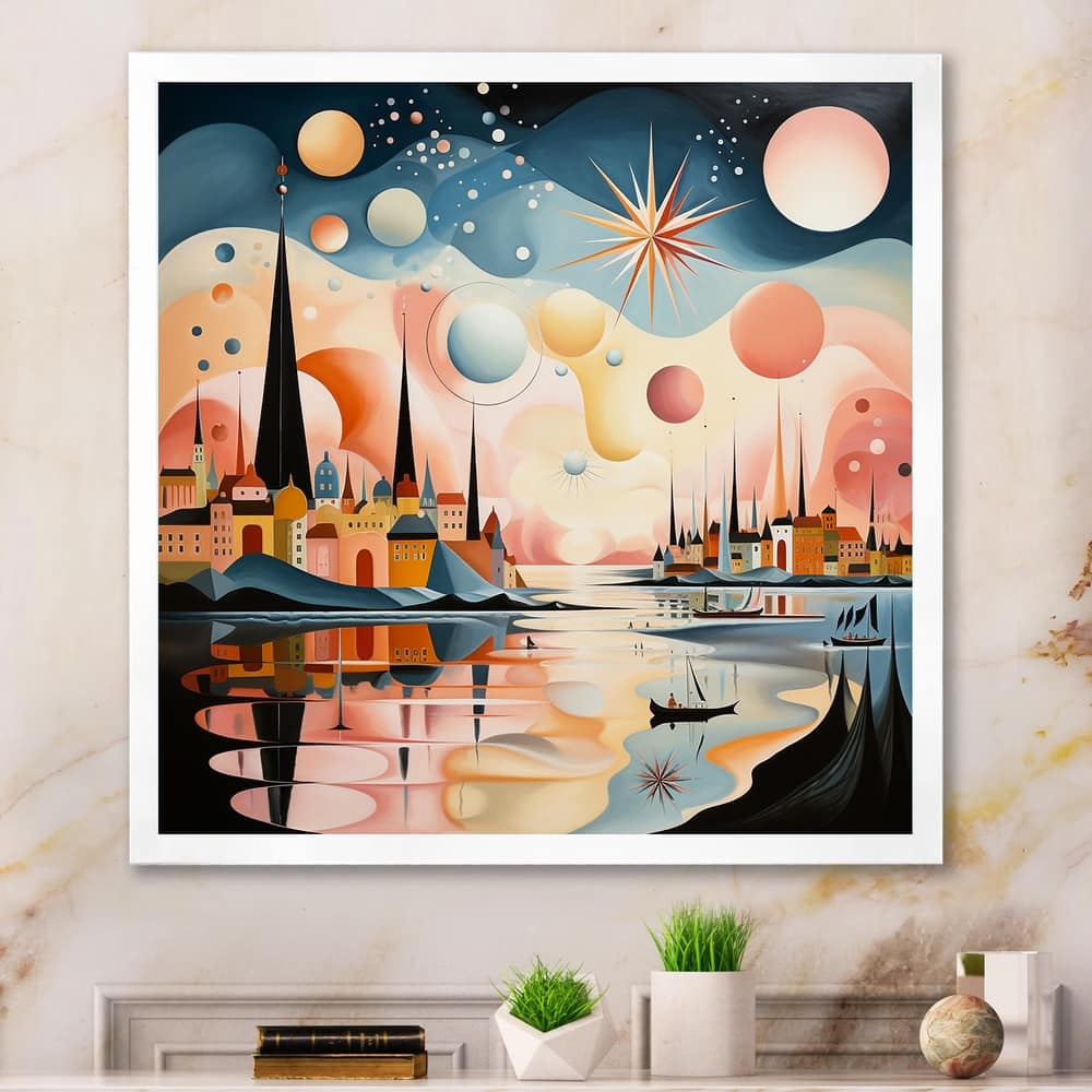 Designart "Vintage City In Retro Pastel Palette I" Abstract Landscape Framed Wall Art Prints