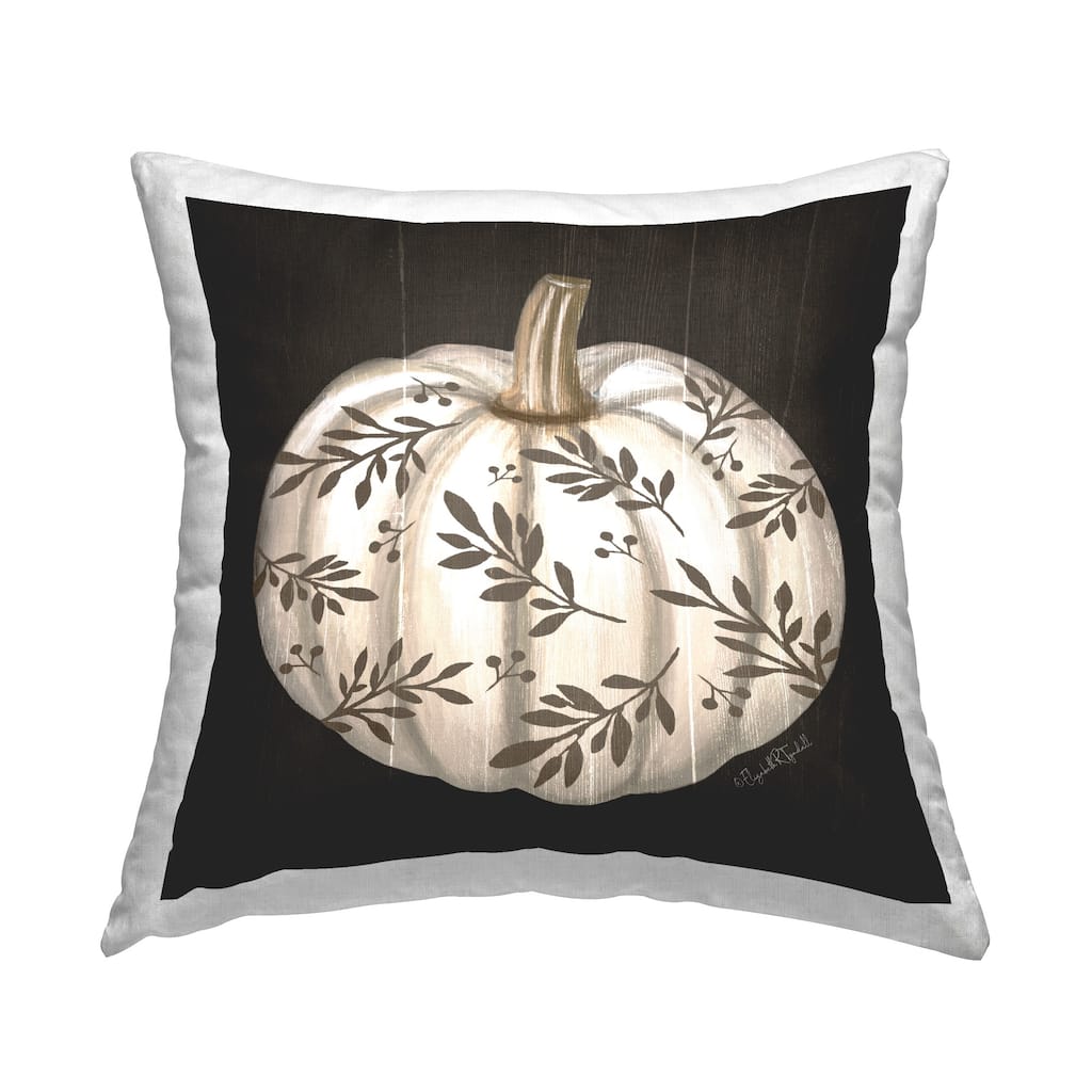 Stupell Rustic White Pumpkin Leaf Sprig Pattern Printed Throw Pillow by Elizabeth Tyndall