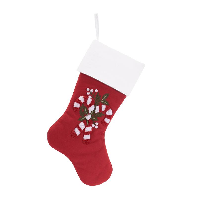 Set of 2 Embroidered Candy Cane Christmas Stockings in Red and White Cotton for Fireplace Mantle Decor - 12”L x 1”W x 17”H