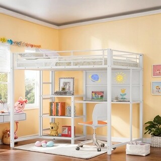Contemporary Full Size Loft Bed with Desk and Whiteboard, Metal Loft Bed with 3 Shelves and Ladder, Maximized Space