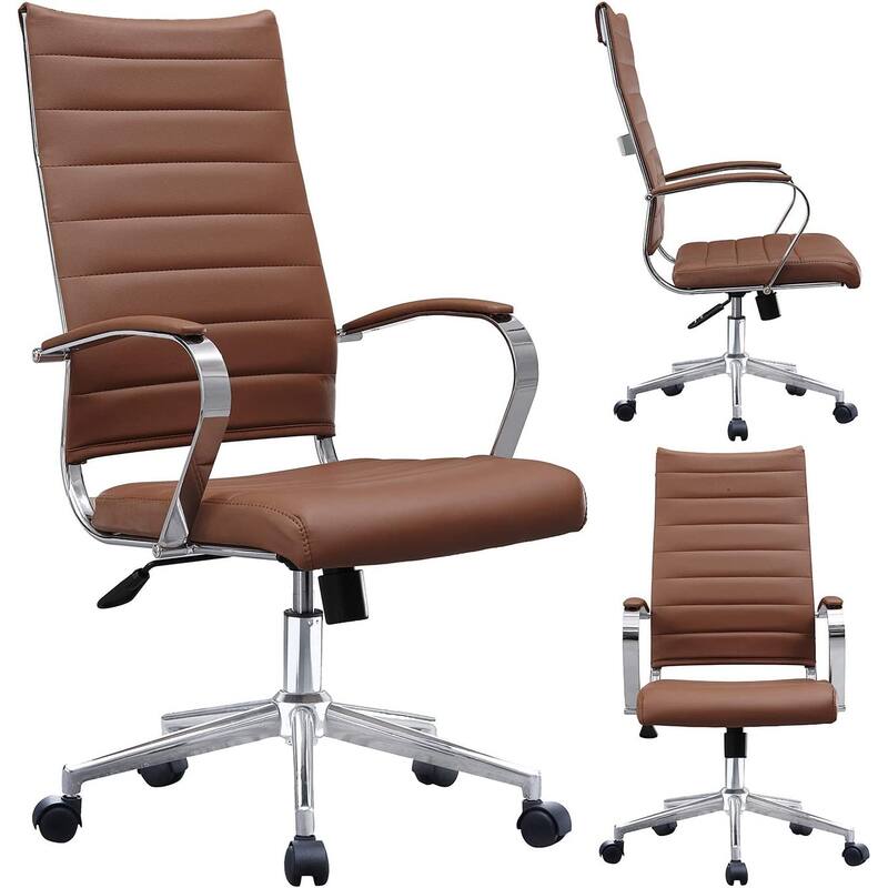 Modern High Back Office Chair Ribbed PU Leather Swivel Tilt Conference Room Computer Desk Cushion Seat Boss - Brown
