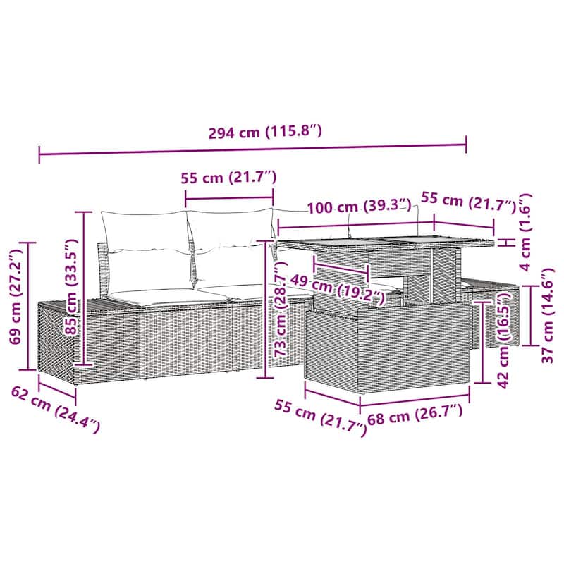 vidaXL 5 Garden Sofa Set with Cushions Black/Grey Poly Rattan - 115.8 x 24.4 x 27.2