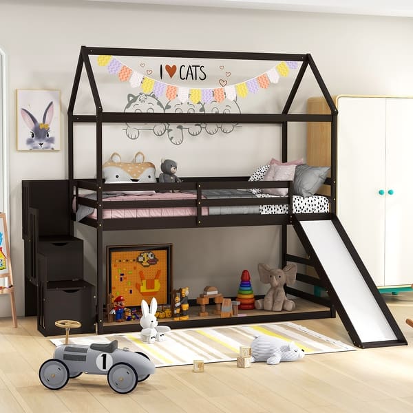 slide 2 of 27, Twin over Twin Bunk Bed with Slide and 2-Step Storage Staircase Espresso