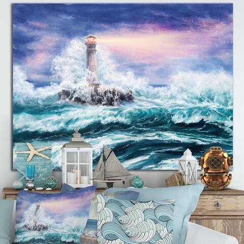 Designart "Lighthouse Wild Blue Ocean Waves" Nautical & Coastal Canvas Wall Art Print