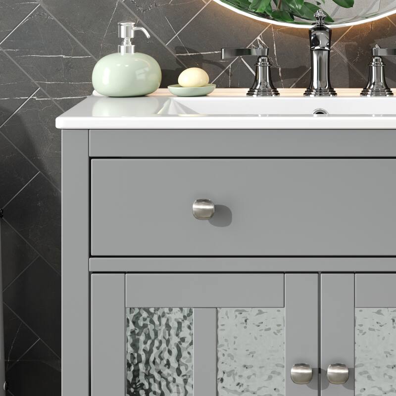 30" Vanity with Ceramic Sink, Equipped with Adjustable Shelf and Tip-Out Tray,with Solid Wood Legs,Metal Knobs and Close Hinges