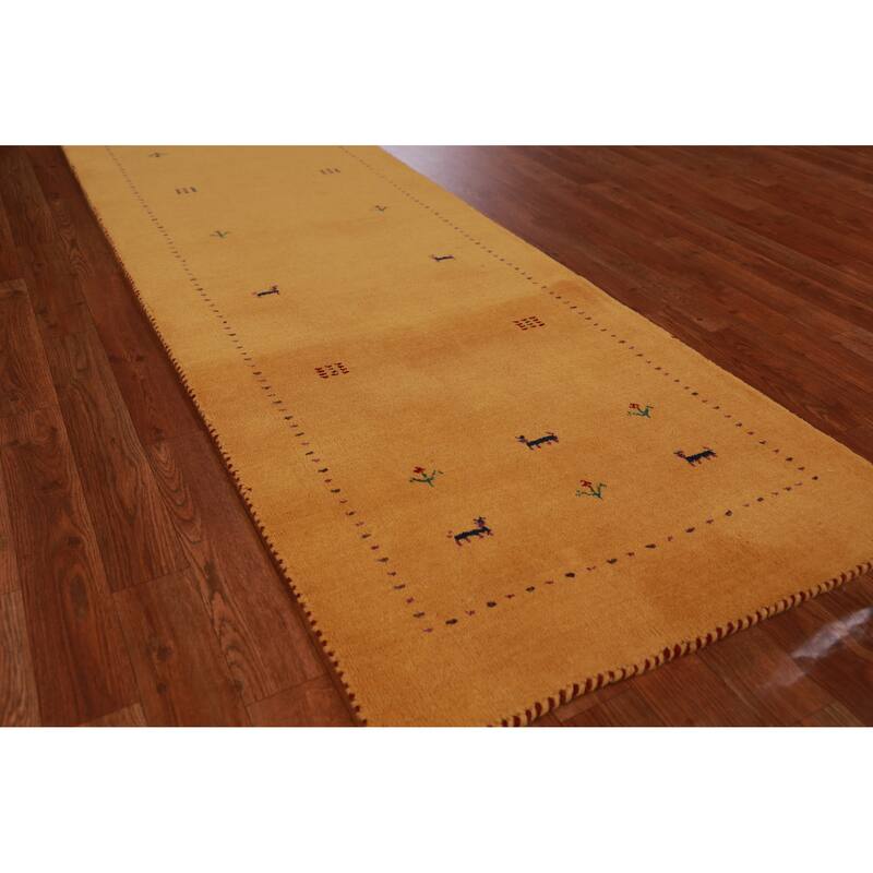 Hand Knotted Oriental 100% Wool Carpet Tribal Animal Pictorial Yellow & Gold Gabbeh Runner Rug - 9' 10'' X 2' 6''