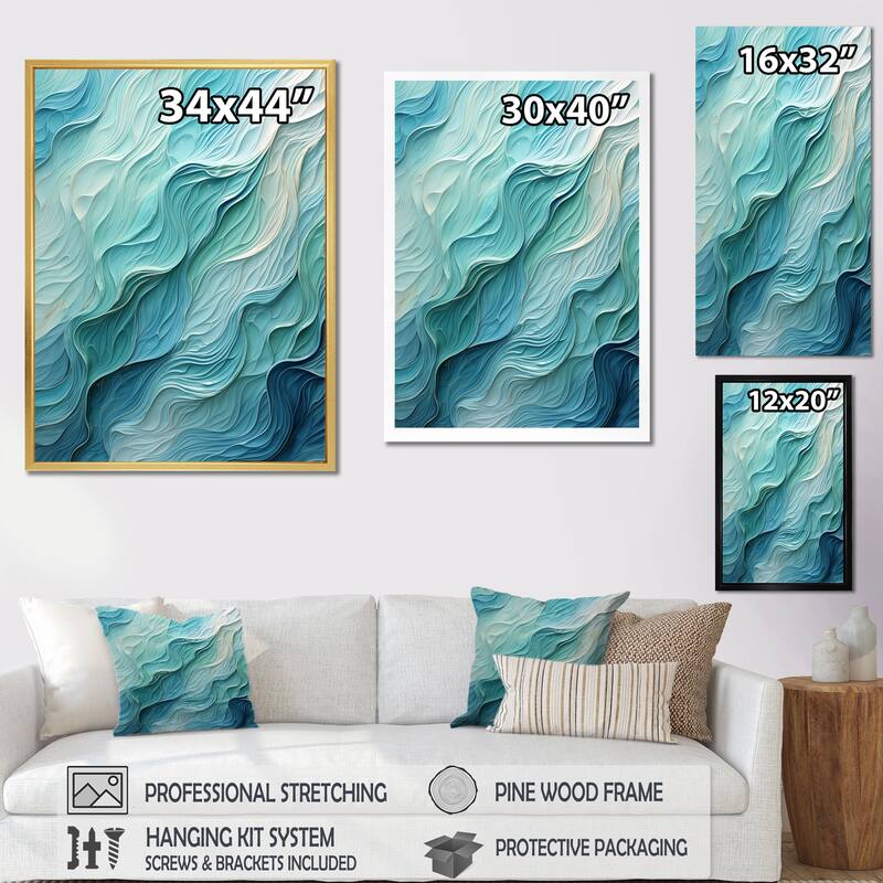 Designart "Aqua Blue And White Serenity Swirl I" Abstract Spirals Framed Canvas Wall Art