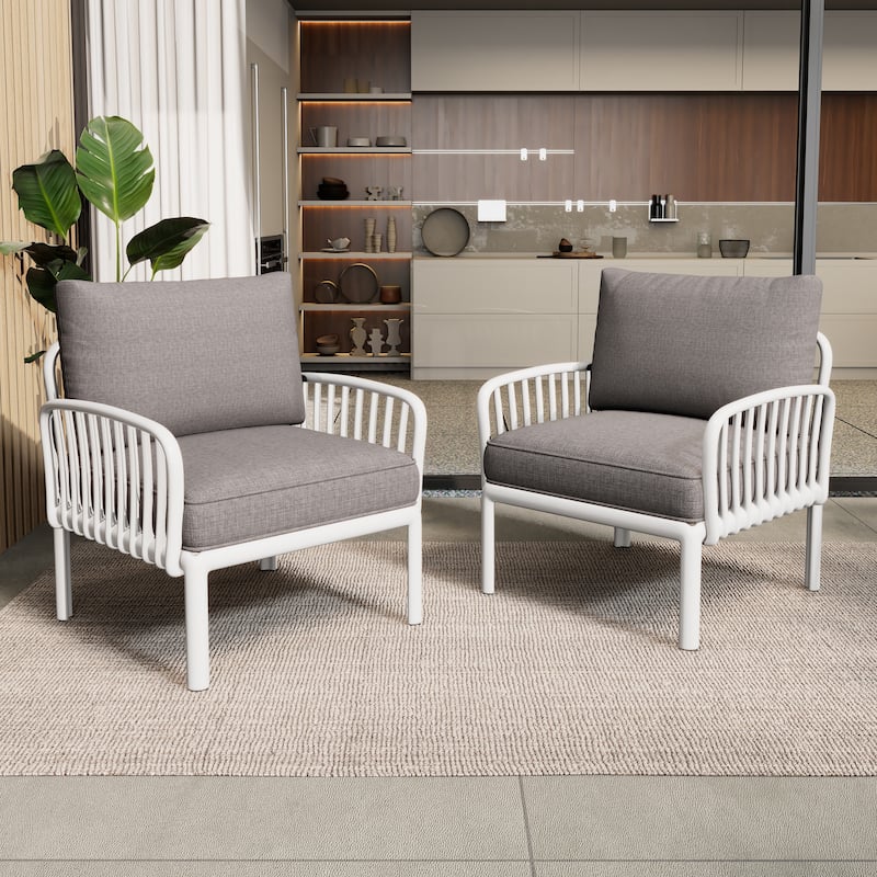 Roomfitters Outdoor Patio Club Chair with Waterproof Cushions, Deep Seating Modern Furniture for Garden or Balcony, White Gray - White+Gray ( Set of 2)