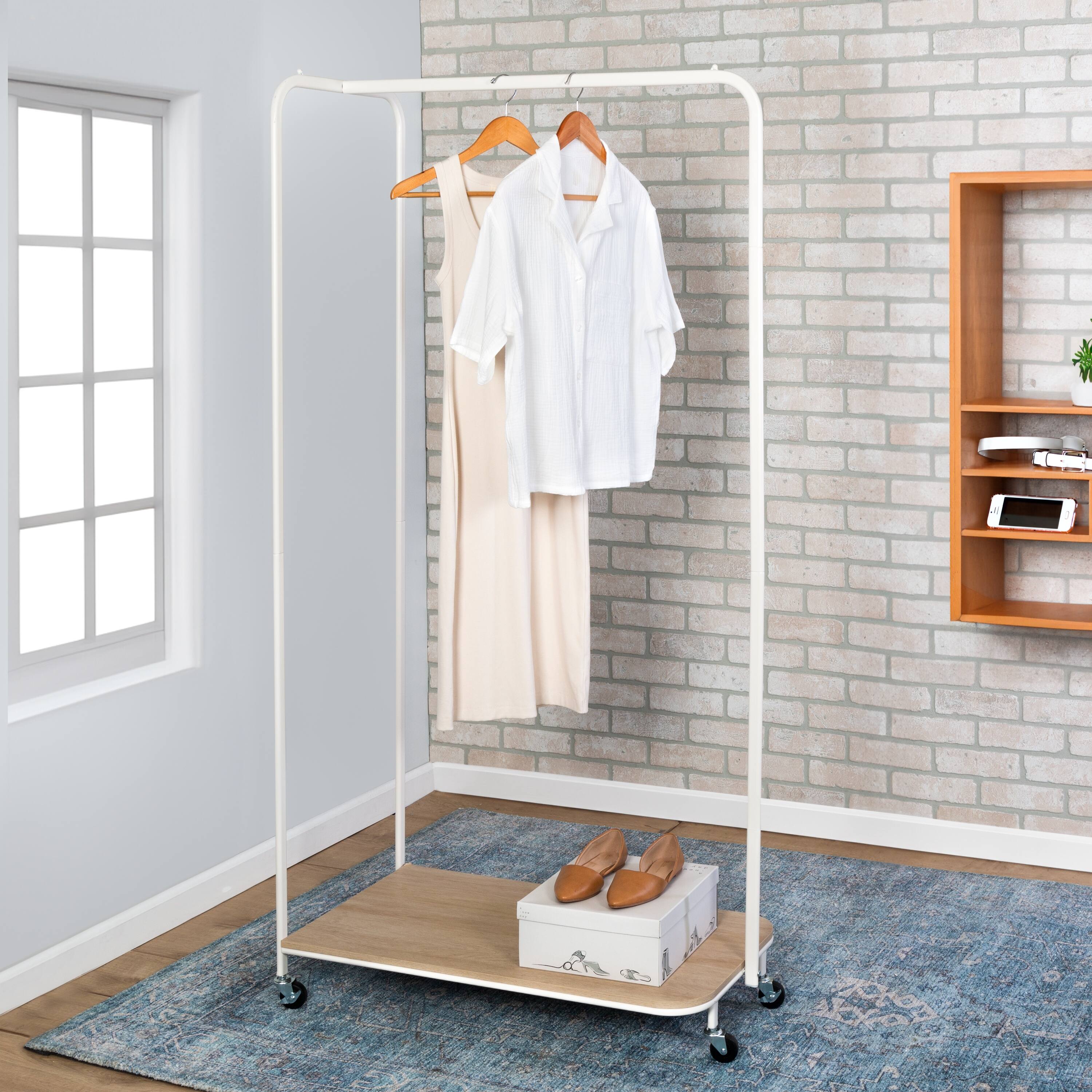HoneyCanDo White/Ash Rolling Clothing Rack With Shoe Shelf On Sale