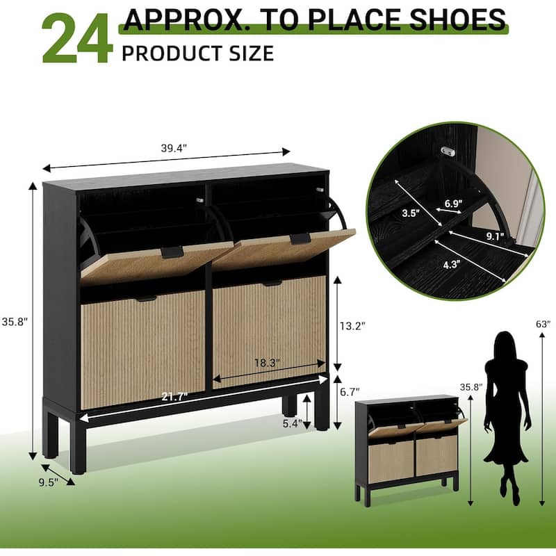 Shoe Storage Cabinet with 4 Flip Drawers, Fluted Shoe Organizer with Metal Legs