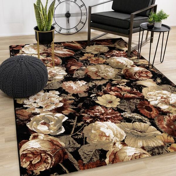 Black Gold Bordeaux Floral Area Rug. - Bed Bath & Beyond - 38244553