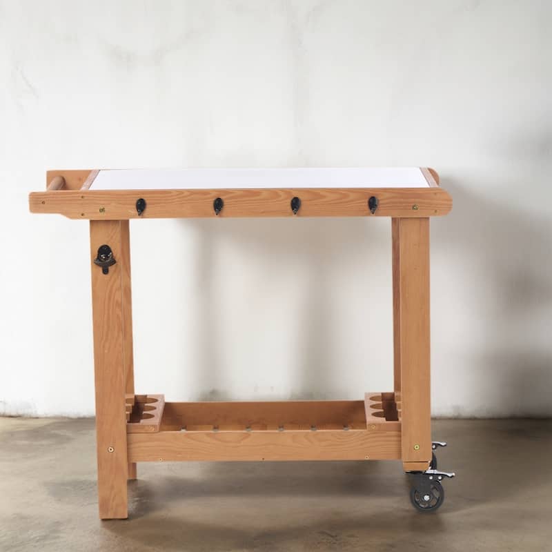 Outdoor Wooden Garden Cart Table with Wheels, Metal Top and Storage Hook, for Patio Backyard Garden