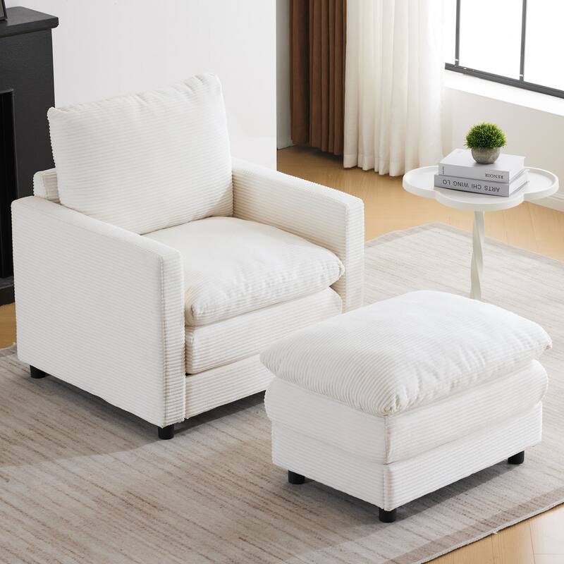 Corduroy Armchair Set with Ottoman - Beige