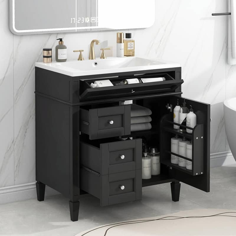 30'' Modern Bathroom Vanity with Top Sink, 2 Drawers and Tip-out Drawer - With Sink - Black