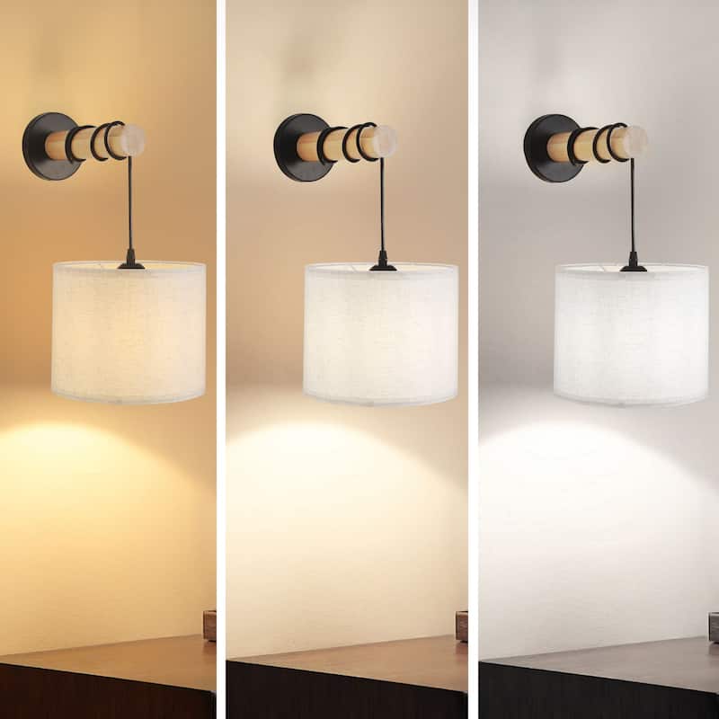 Starsky Indoor Wall Light Wall Sconces with White Fabric Linen Lampshades and Oak Wood Arm, Set of 2 - set of 2