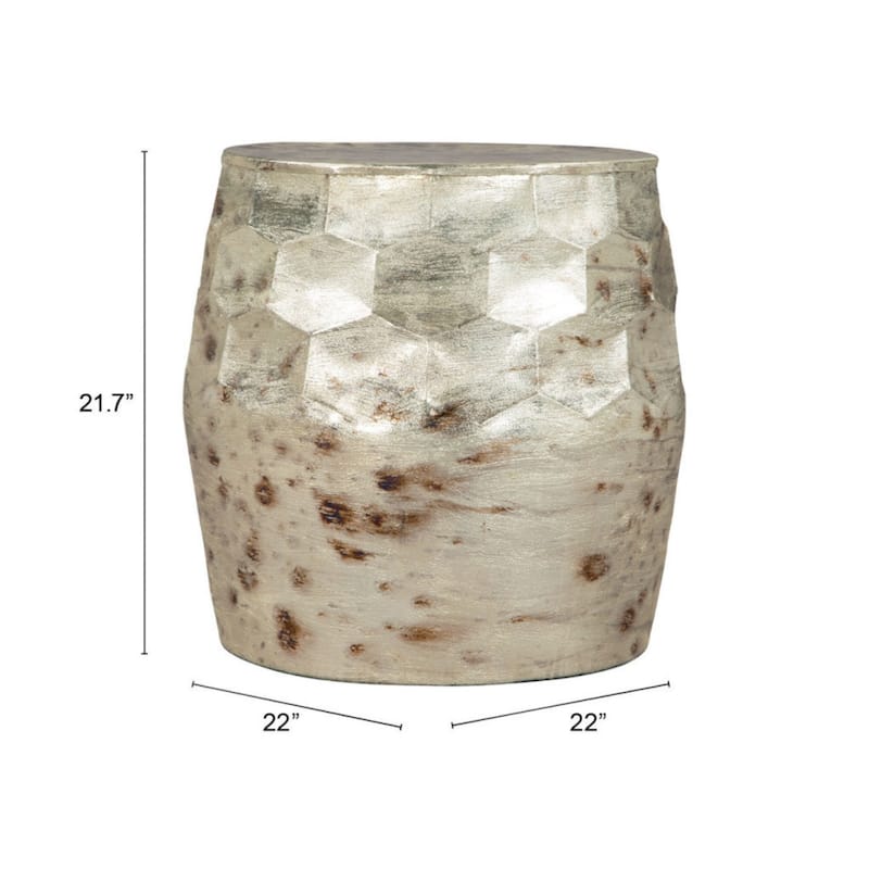22” Modern Round Beige Iron Drum End Table with Plated Finish for Living Room Bedroom or Entryway - 21.7”H x 22”W x 22”L