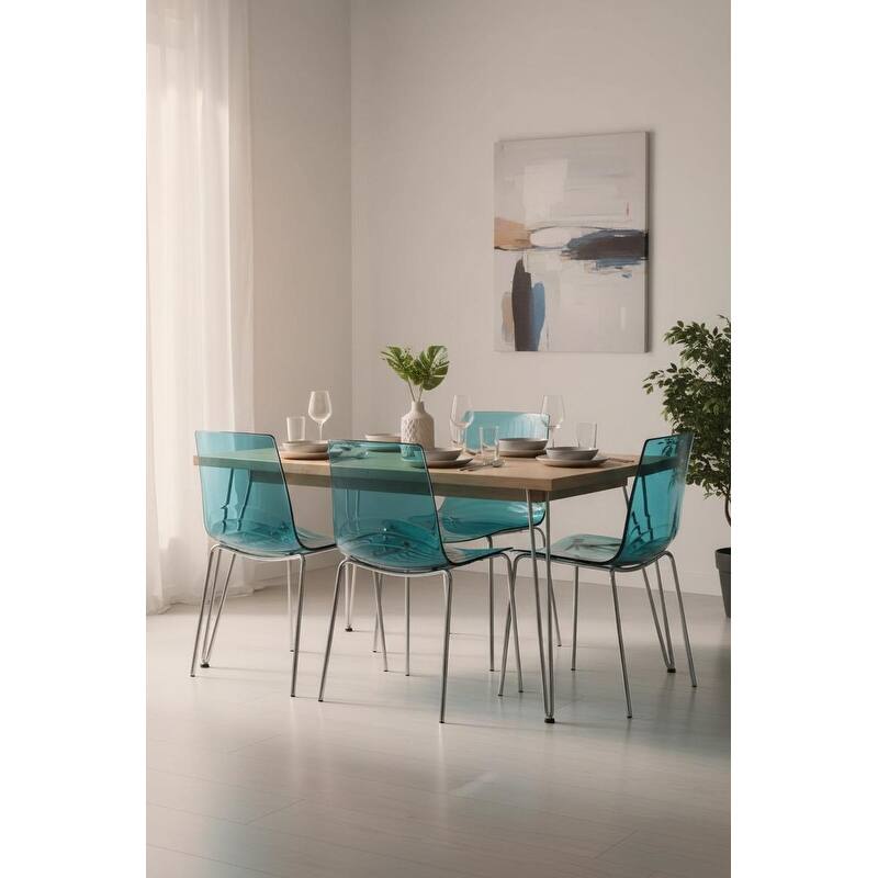 Astor Transparent Acrylic Dining Side Chair with Chrome Base and Ripple Design for Living Room, Kitchen, & Restaurant (Set of 4)