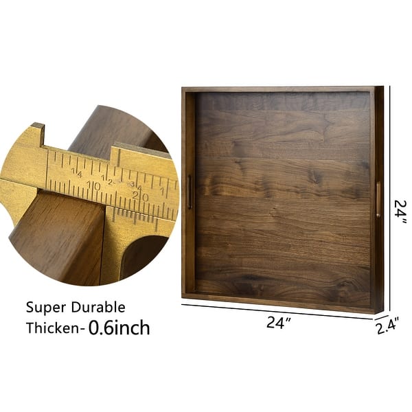 dimension image slide 8 of 10, KINWELL Square Black Walnut Wood Serving Tray Ottoman Tray with Handles