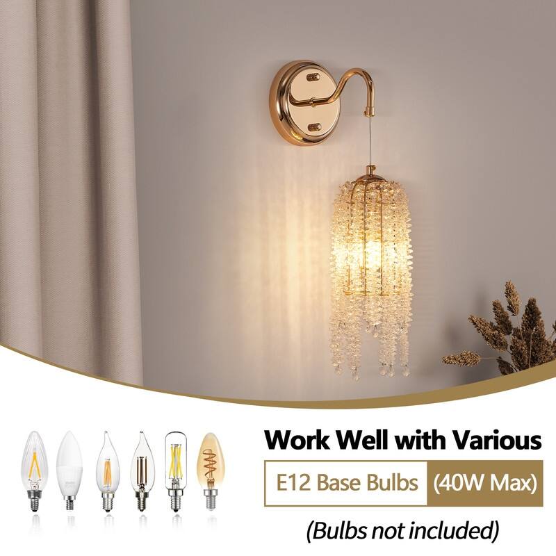 Set of 2 Gold Wall Sconces with Crystal Bead Strings Elegant Hanging Light Fixtures, E12 Socket (Bulbs Not Included)