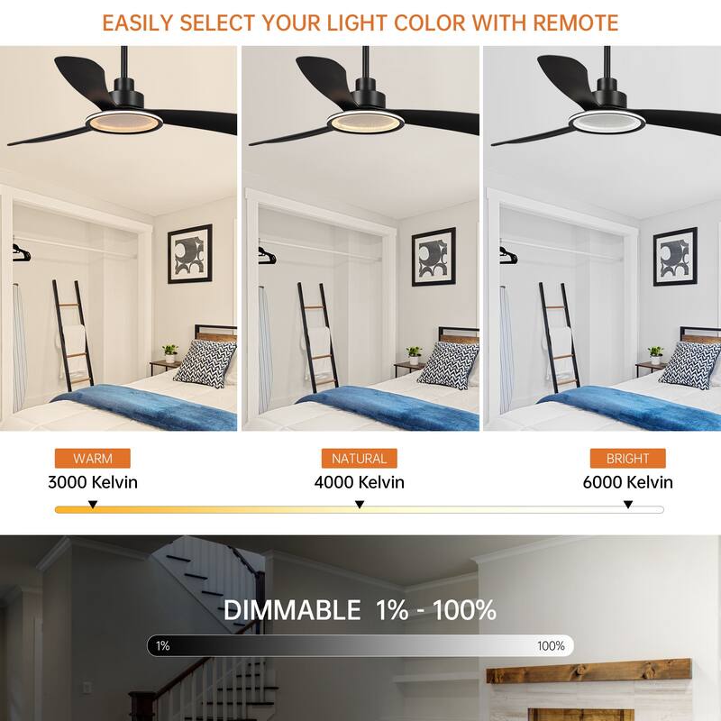 52-in Matte Black Modern LED Ceiling Fan with Downrod and Remote