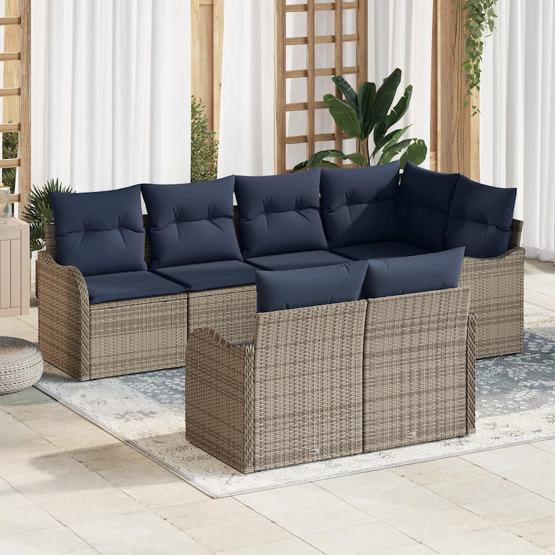 vidaXL 7 Garden Sofa Set with Cushions Black/Brown/Grey Poly Rattan - 91.5 x 48.2 x 27.2 - Grey