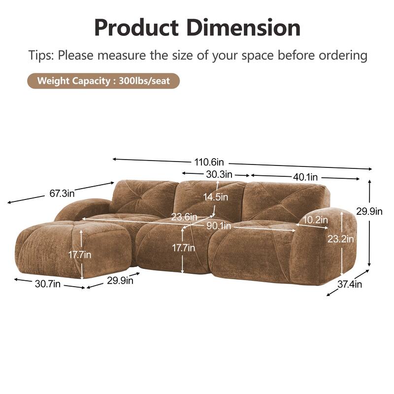 L-shaped Soft Velvet Fabric, Boneless Sofa, Tufted Design, Ergonomic Design Bottom, 32D High Density Sponge