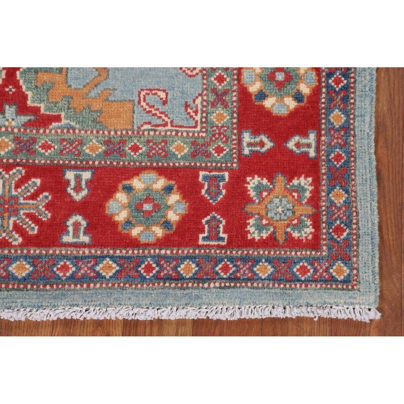 Light Blue Geometric Kazak Rug Hand-Knotted Wool Carpet - 3'1" x 5'3"