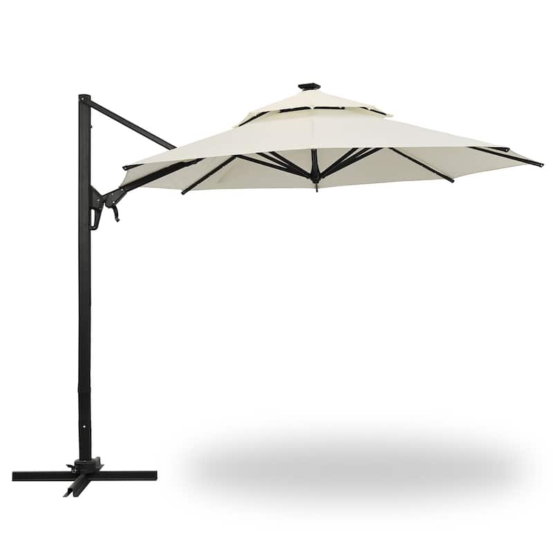 Autlaycil 10FT Cantilever Patio Umbrella with Solar Lights Included Base 360 Rotation Large Offset Hanging Outdoor Shade