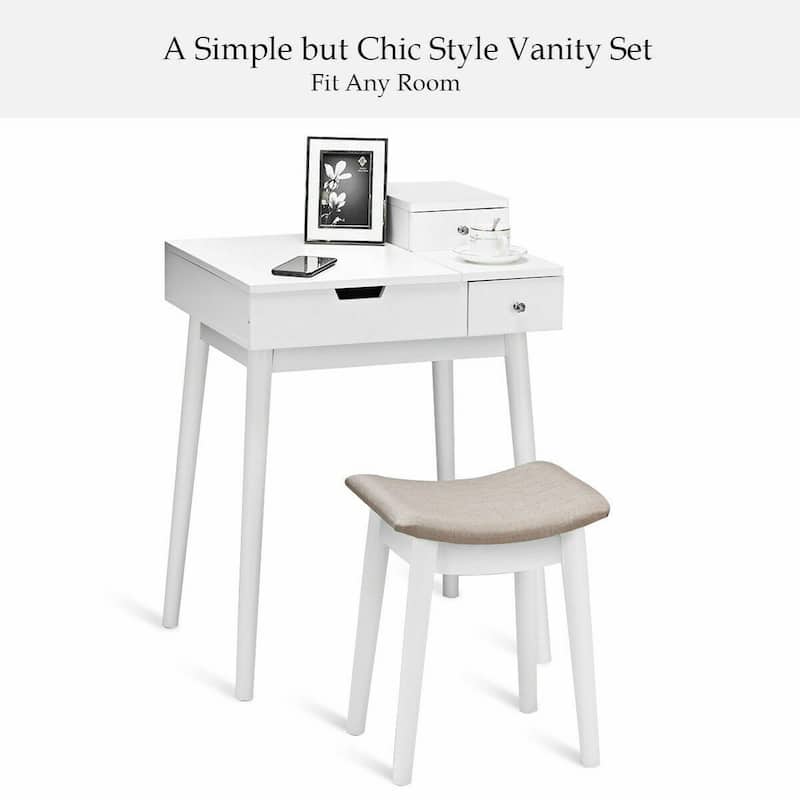 Costway Vanity Dressing Table Flip Desk Furniture Stool 2 White
