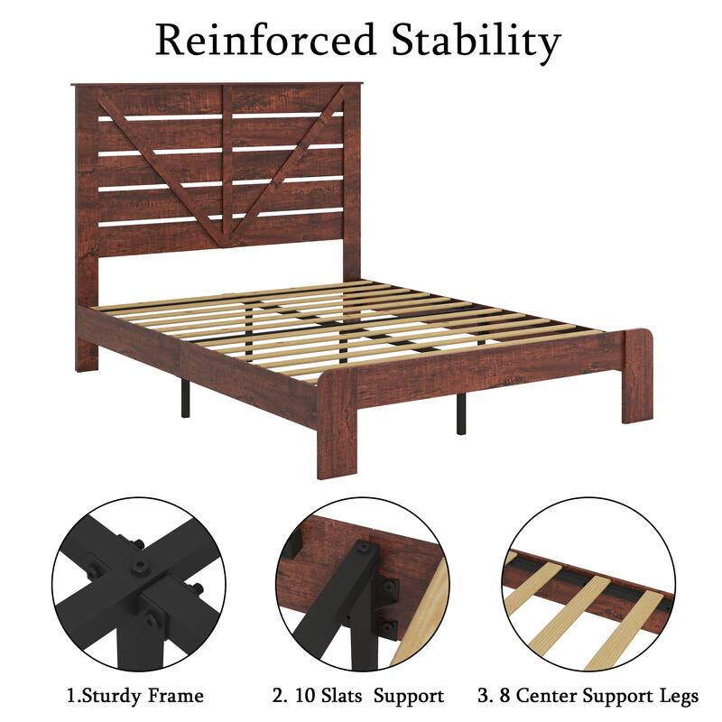 Queen Bed Frame Headboard and Charging Station, Wood Platform Bed