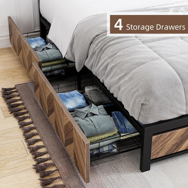 Metal Platform Bed Frame with Rustic Vintage Wood Headboard