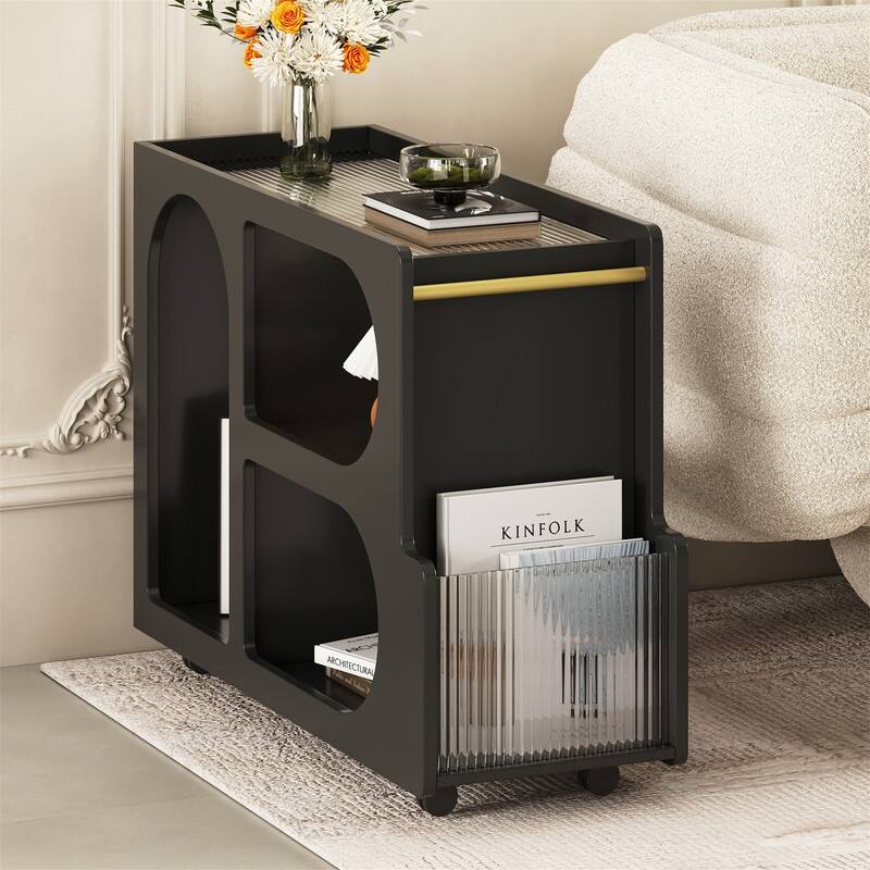 Mobile End Table with Thick Fluted Tempered Glass, Narrow Side Table with Lockable Wheels and Open Storage Compartments
