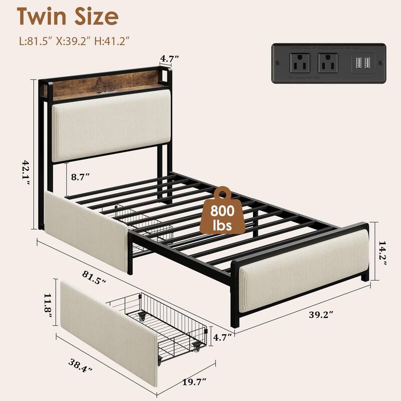 Rustic Linen Upholstered Platform Bedframe, Storage Headboard/2 Storage Drawers/Charging Station