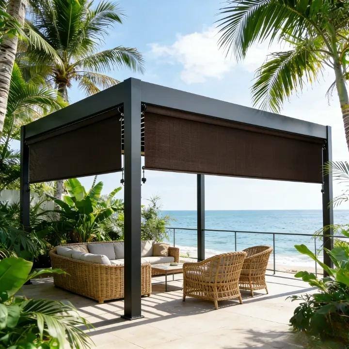 Solar Crank Outdoor Roller Shade with Teslin, No Cassette - 8x8 ft - brown