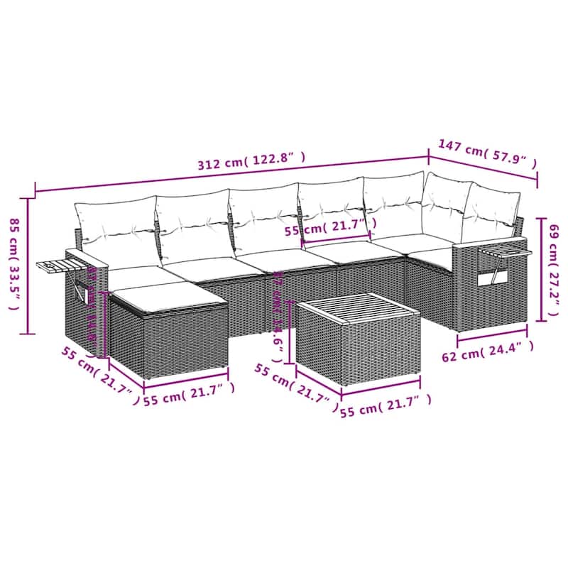 vidaXL 7 Piece Patio Sofa Set with Cushions Black Poly Rattan