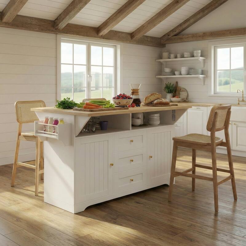 GDF Studio - Modern Extendable Kitchen Island Cart with Power Outlet, Storage Cabinet, and 5 Locking Wheels - 47"x18"x36" - White